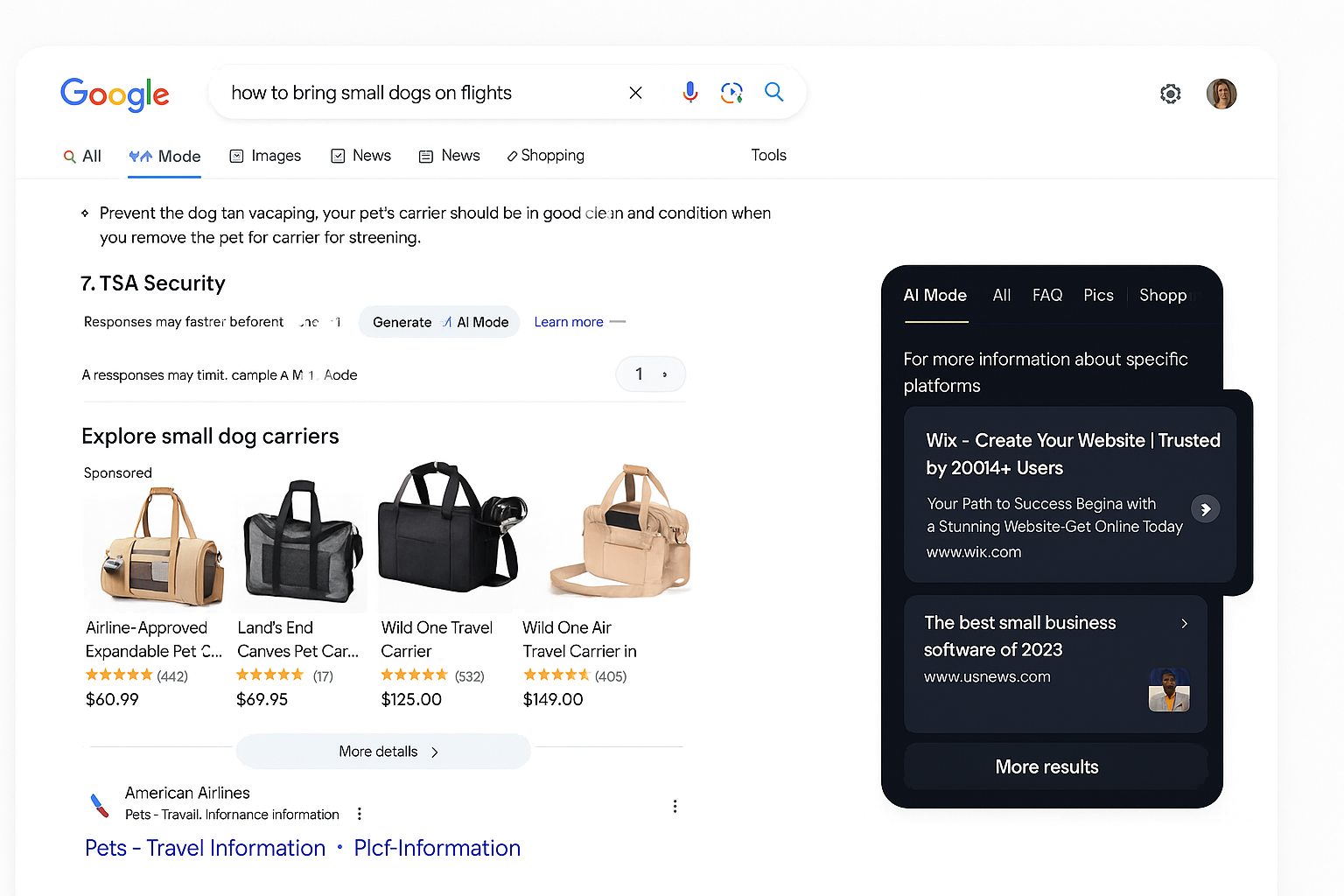 Screenshot of Google Search using AI Mode and AI Overviews, displaying AI-generated results with embedded ads for dog carriers and a Wix website builder.