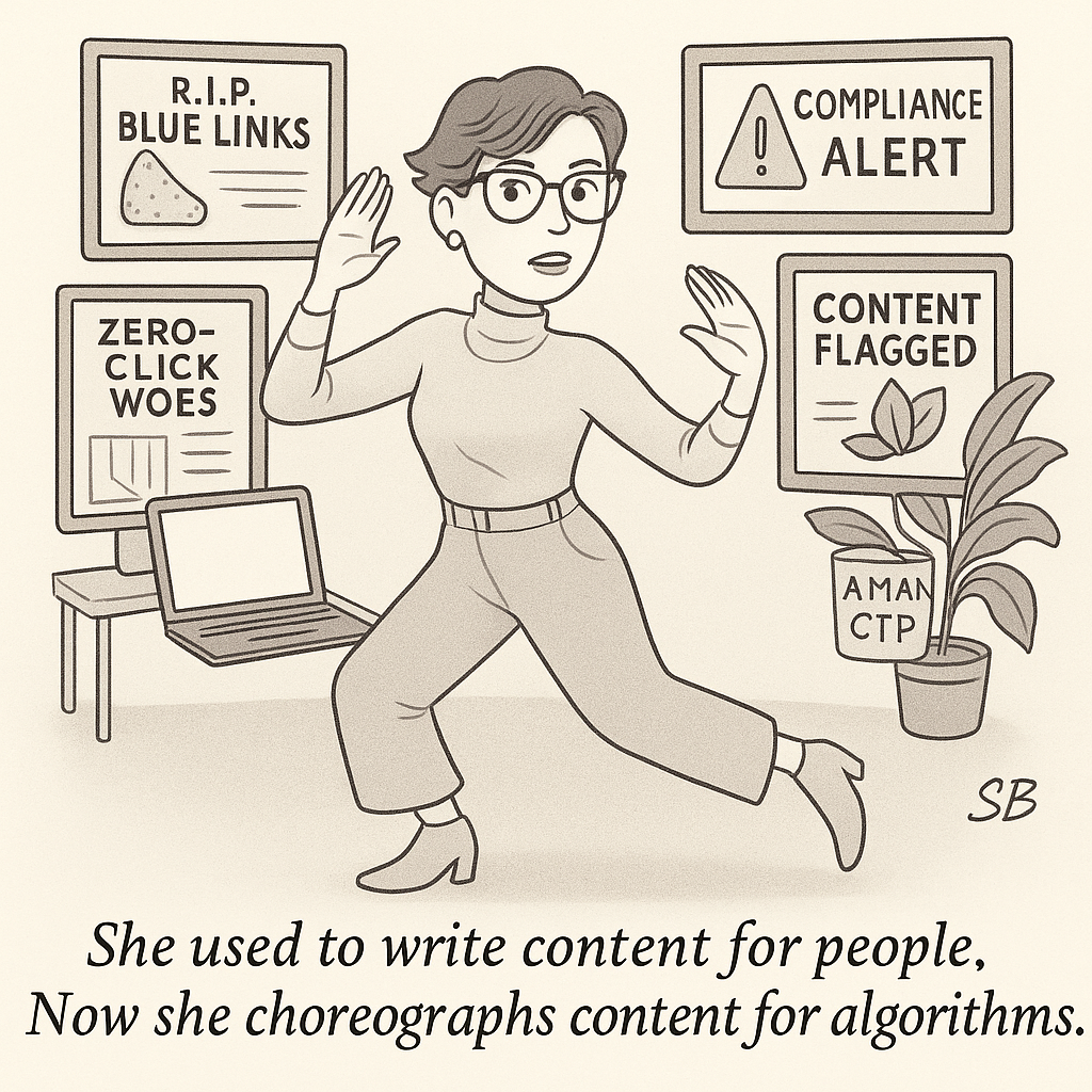 A stylish woman in pastel Indian fusion wear strikes a confident dance pose amid screens flashing warnings like "Compliance Alert" and "Content Flagged," symbolizing the modern marketer’s struggle with AI-driven content visibility.