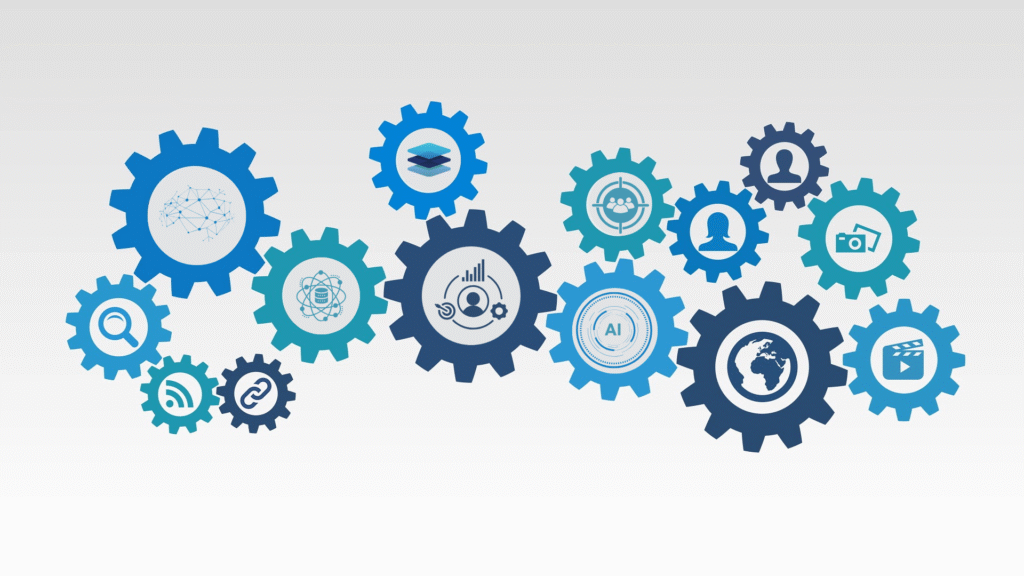 Gears interconnected with icons representing AI, data analytics, customer engagement, and marketing automation tools.