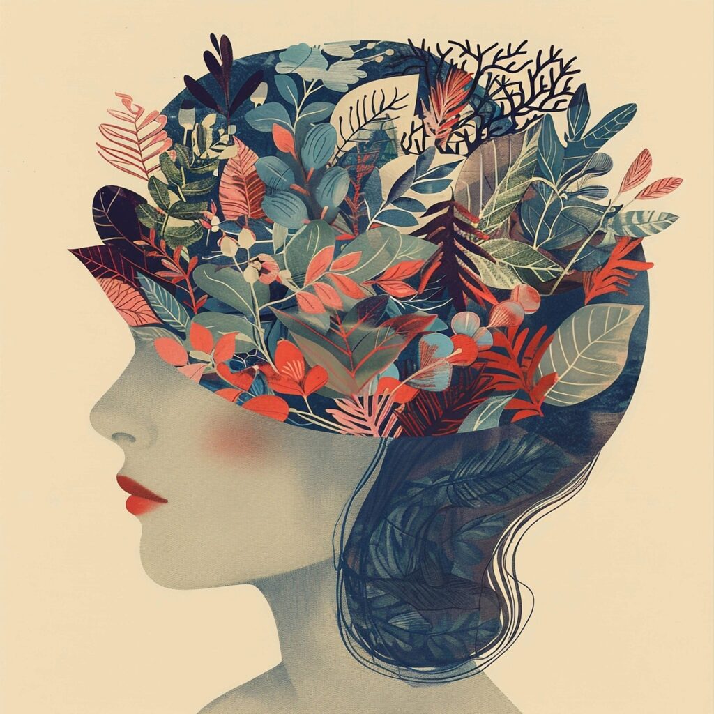 Illustration of a woman’s silhouette with vibrant plants and leaves growing from her head, symbolizing creative thought and imagination.