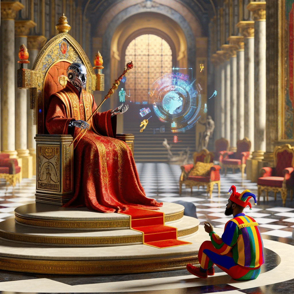 A humanoid AI robot wearing royal robes sits on a golden throne surrounded by holographic projections, while a colorful court jester kneels before it in a grand hall, symbolizing the ironic power dynamic between AI and creative professionals.