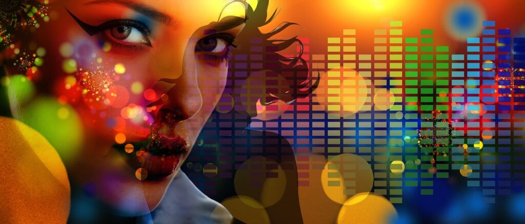Abstract digital illustration of a woman's face integrated with colorful equalizer bars and glowing orbs, representing AI-powered personalization.