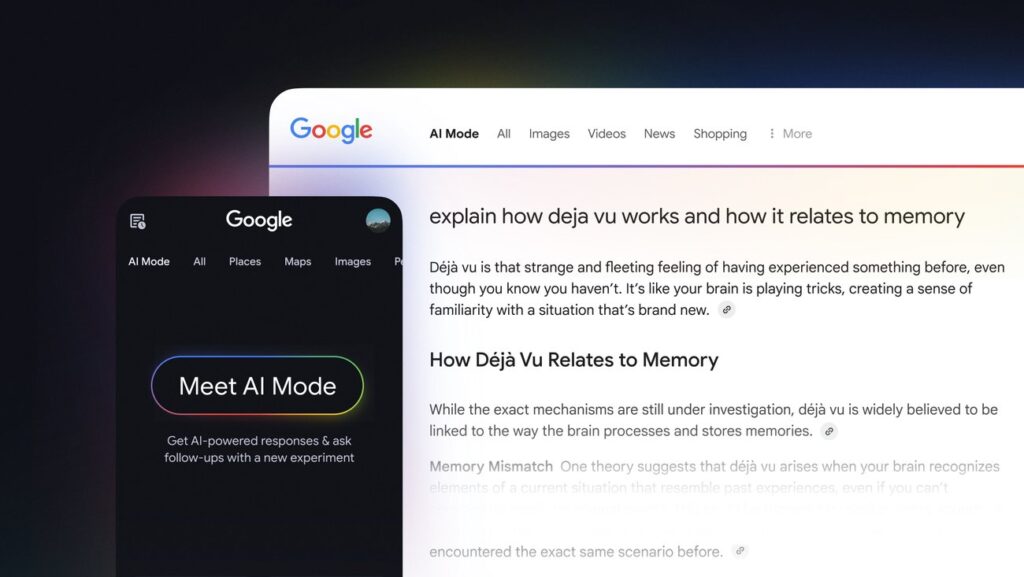Screenshot of Google's new AI Mode interface explaining déjà vu, featuring AI-powered search with contextual results.