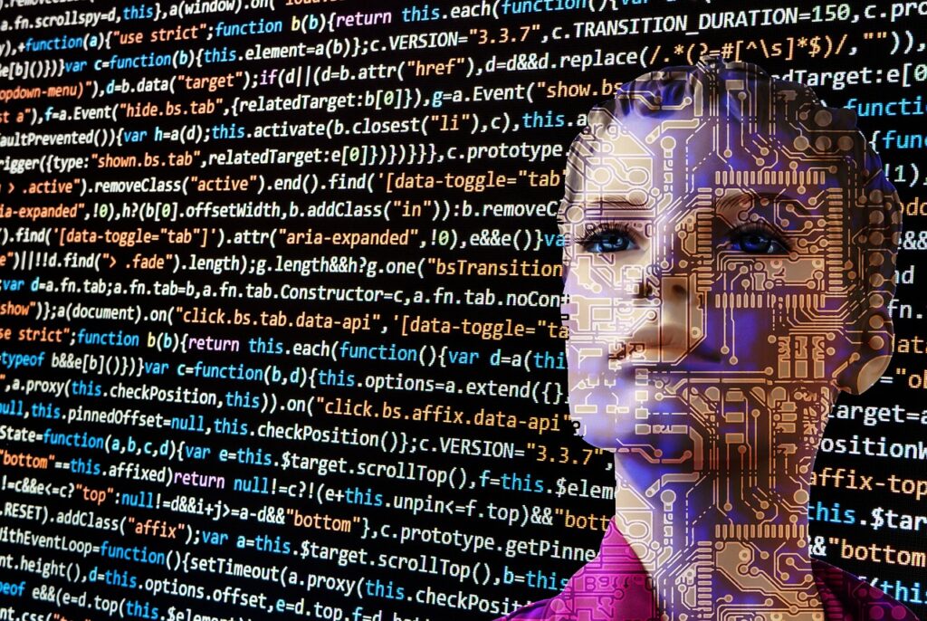 Composite image of a humanoid mannequin overlaid with circuitry patterns, set against a background of dense computer code—symbolizing AI replacing human labor.