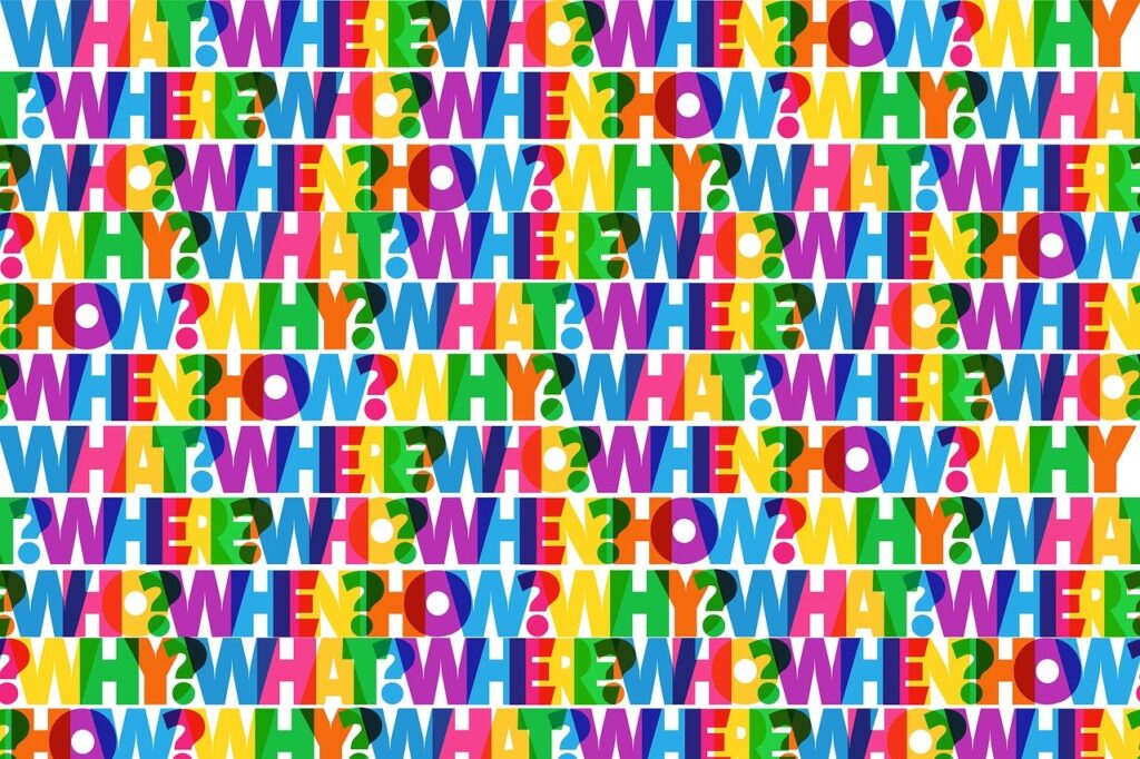 A colorful collage of the words WHAT, WHY, WHERE, WHEN, HOW with question marks in bold typography