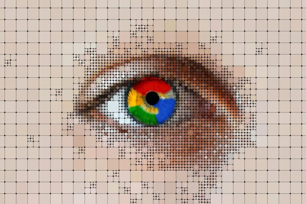 Pixelated human eye with iris in Google colors, symbolizing AI-driven search surveillance and the erosion of direct content visibility.