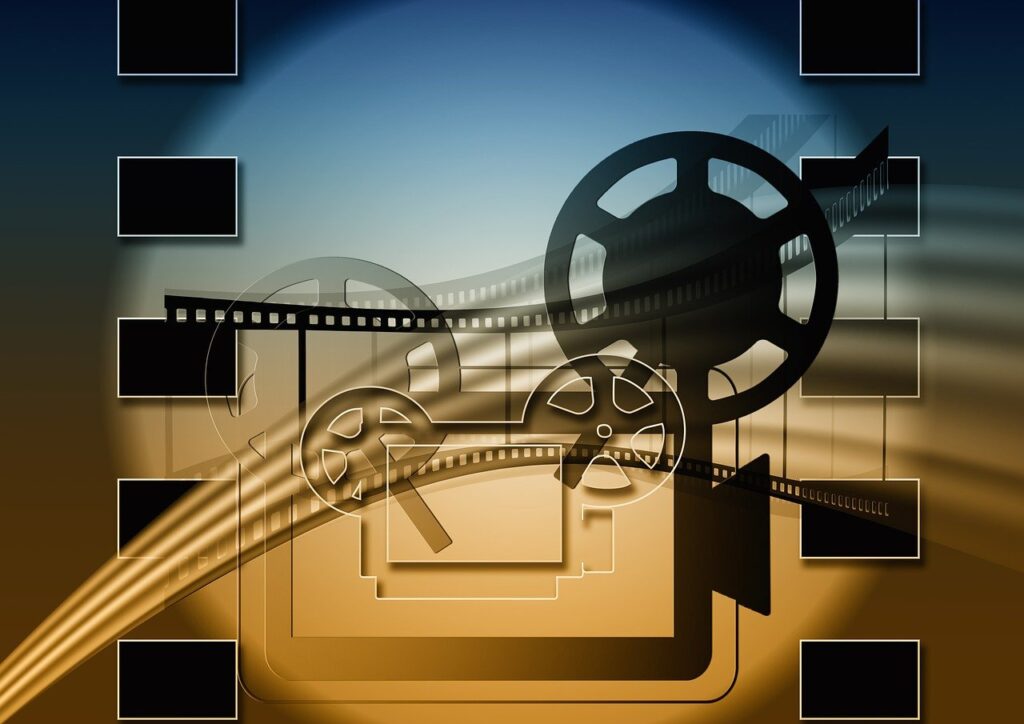 Abstract image of film reels and projectors, symbolizing the intersection of traditional cinema and modern AI-driven content creation.