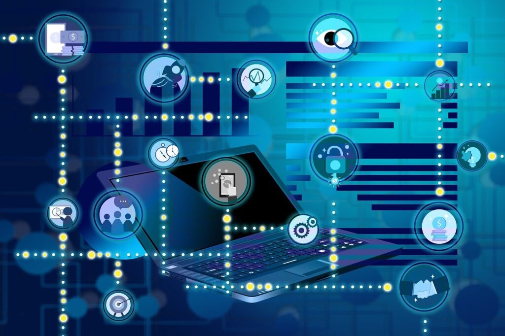 Illustration of a laptop surrounded by floating digital icons representing analytics, security, ROI, and AI—symbolizing data-driven marketing experimentation.