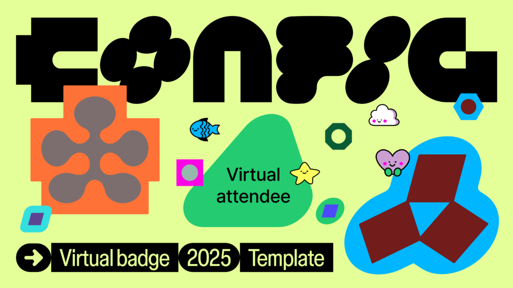 A colorful and playful digital badge for Figma Config 2025, featuring abstract shapes, friendly cartoon icons, and the words “Virtual Attendee” on a green blob, set against a pastel yellow background.