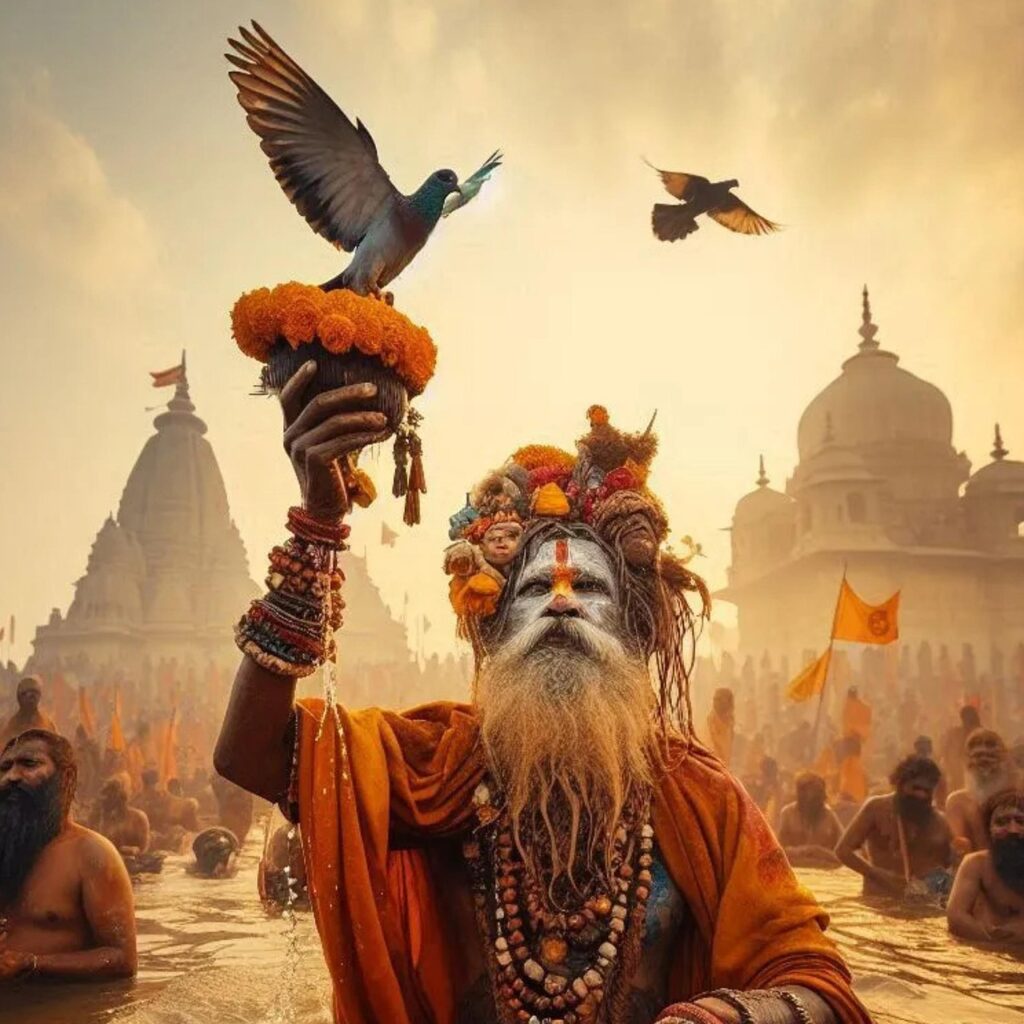 A Hindu sadhu in vibrant attire holding a pigeon, surrounded by devotees and temple spires in the background.