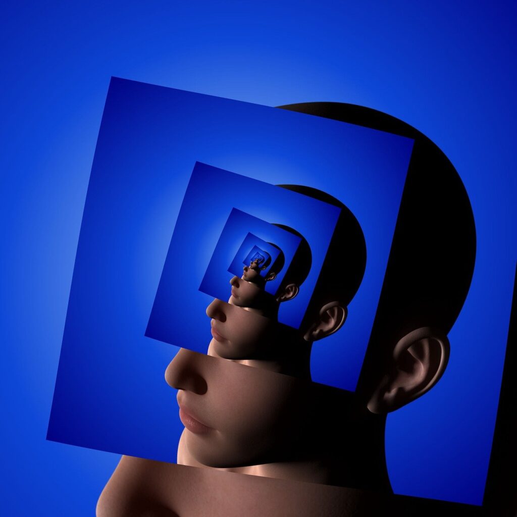 A stylized digital artwork of a human face seen in a recursive loop, where smaller versions of the face appear within itself, set against a deep blue background.