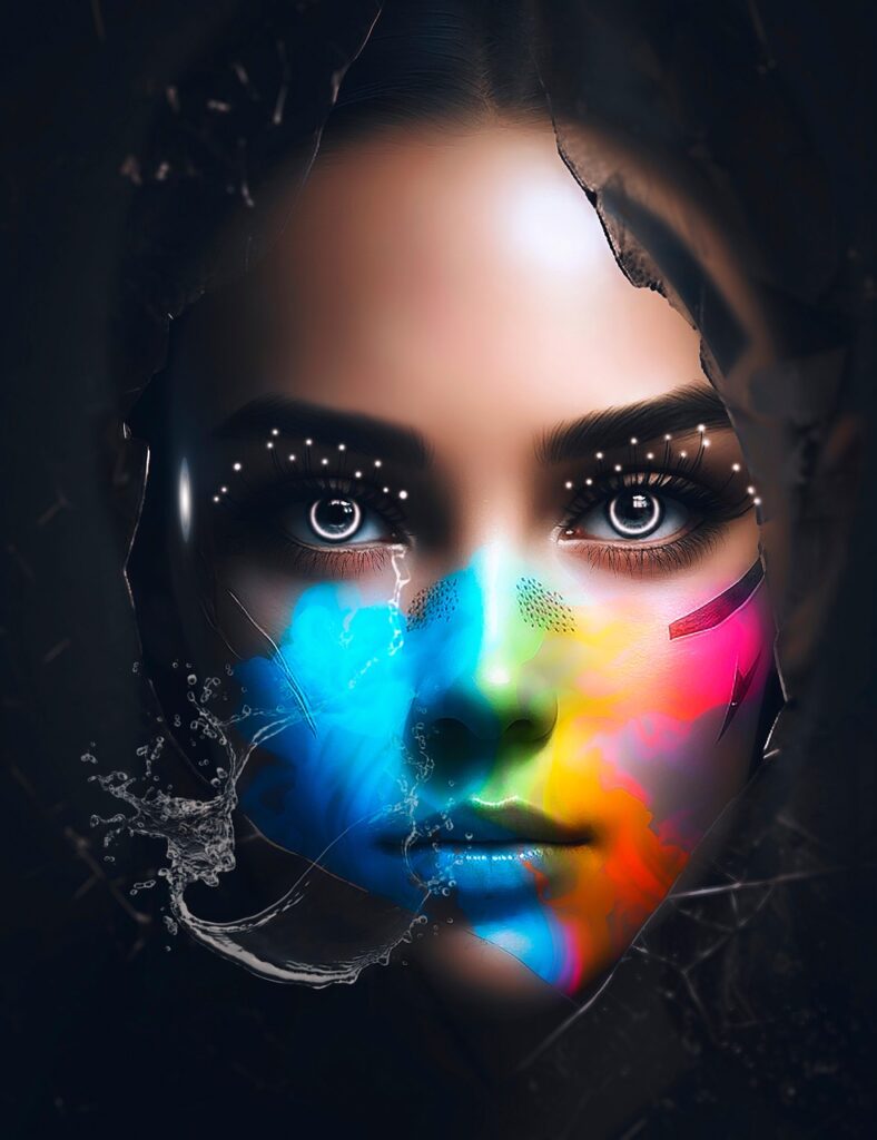 A futuristic woman’s face with glowing eyes and multicolored paint across her cheeks, merging digital elements and vibrant splash effects.