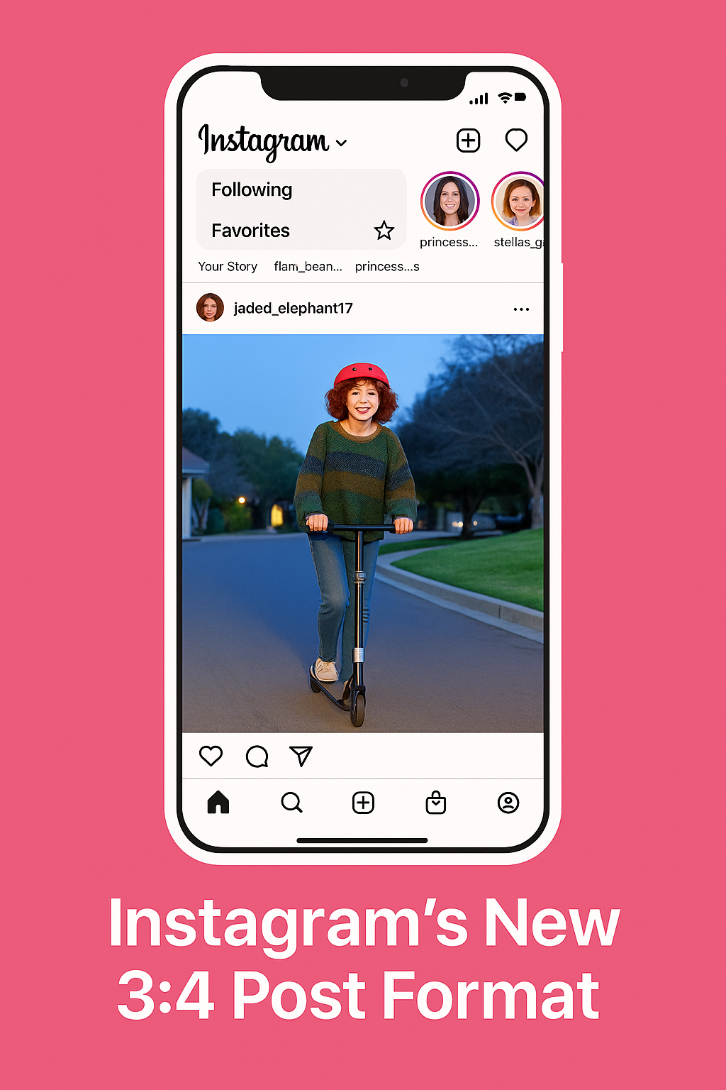 Mockup of an Instagram feed on a smartphone displaying a 3:4 vertical image of a woman riding a scooter, highlighting Instagram’s new post format on a pink background.