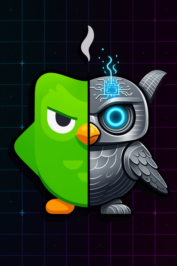 Half cartoon-style Duolingo mascot and half robotic owl with a glowing blue AI eye and circuit brain, set against a futuristic grid background.