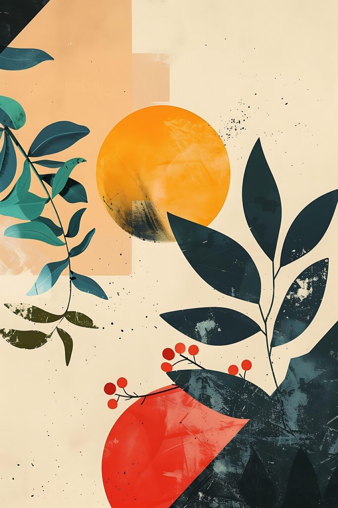Abstract botanical composition featuring geometric shapes, sun-like orbs, and stylized leaves in a modern, minimal color palette.