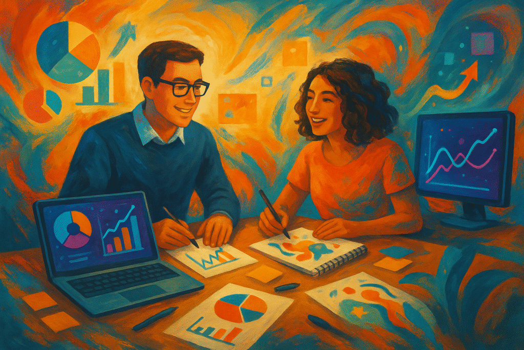 An abstract, futuristic scene depicting the collision of data and creativity: a vibrant digital brain intertwined with glowing, colorful artistic brushstrokes, set against a sleek, high-tech background with floating data points and geometric shapes. The image should evoke a sense of harmony between science and art, with a dynamic, energetic vibe, using a palette of electric blues, neon pinks, and luminous greens.