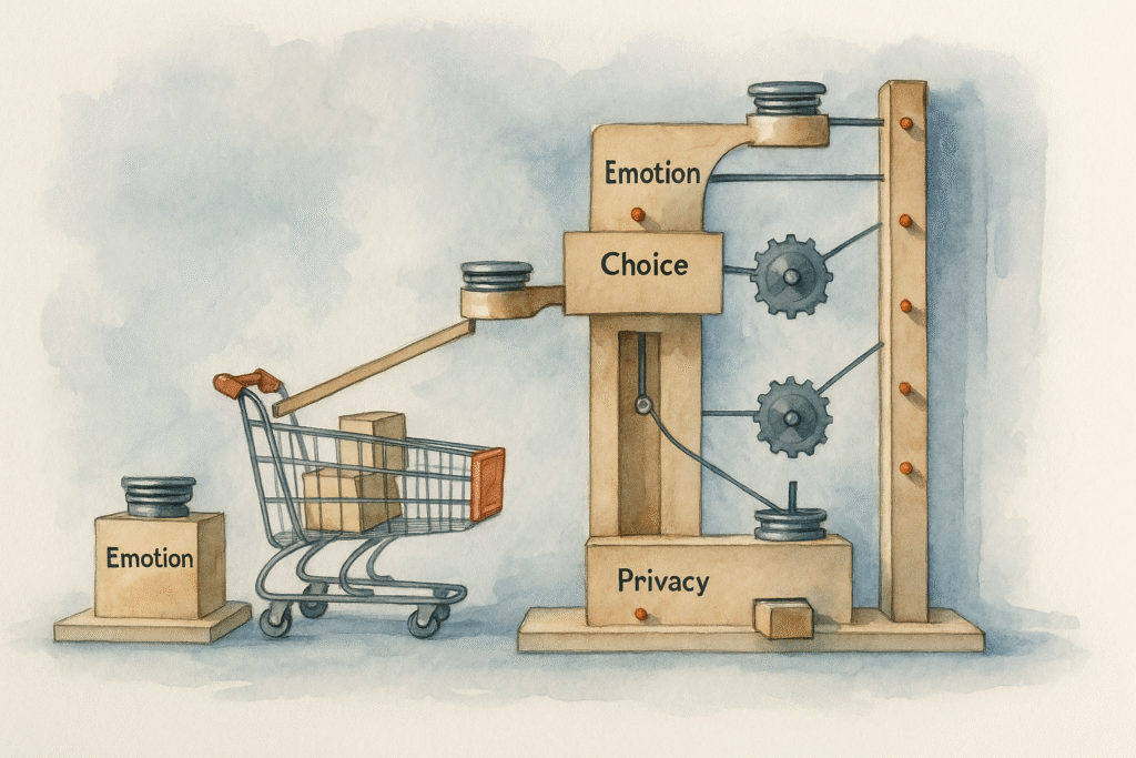 A watercolour illustration of a whimsical Rube Goldberg machine, with interconnected levers, pulleys, and gears symbolising the intricate processes of digital marketing and consumer psychology, ultimately delivering a product into a shopping cart.