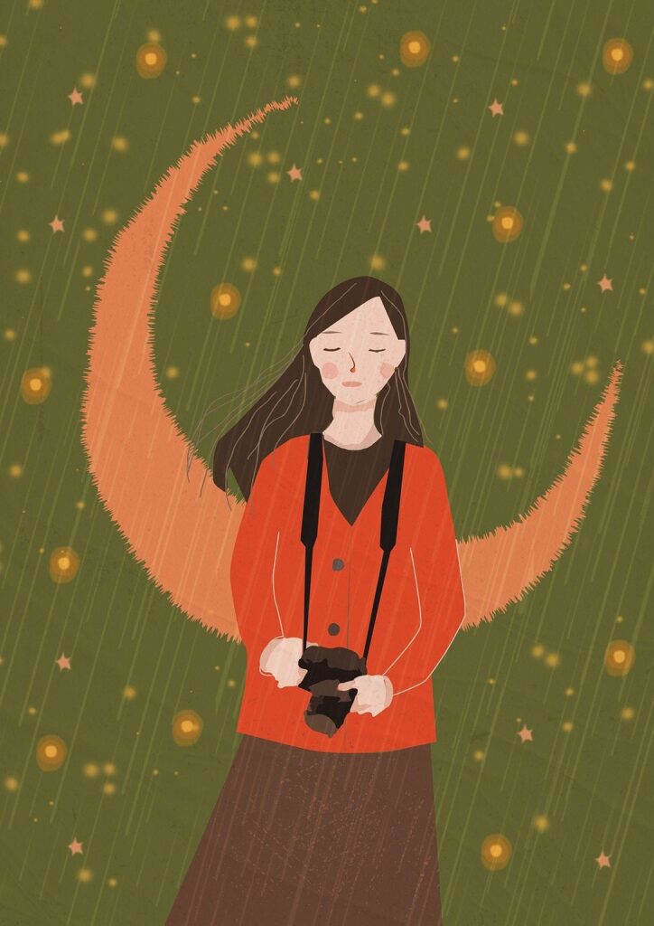 Illustration of a woman with long dark hair wearing a red jacket and holding a camera, standing in front of a glowing crescent moon and a starry olive-green sky.