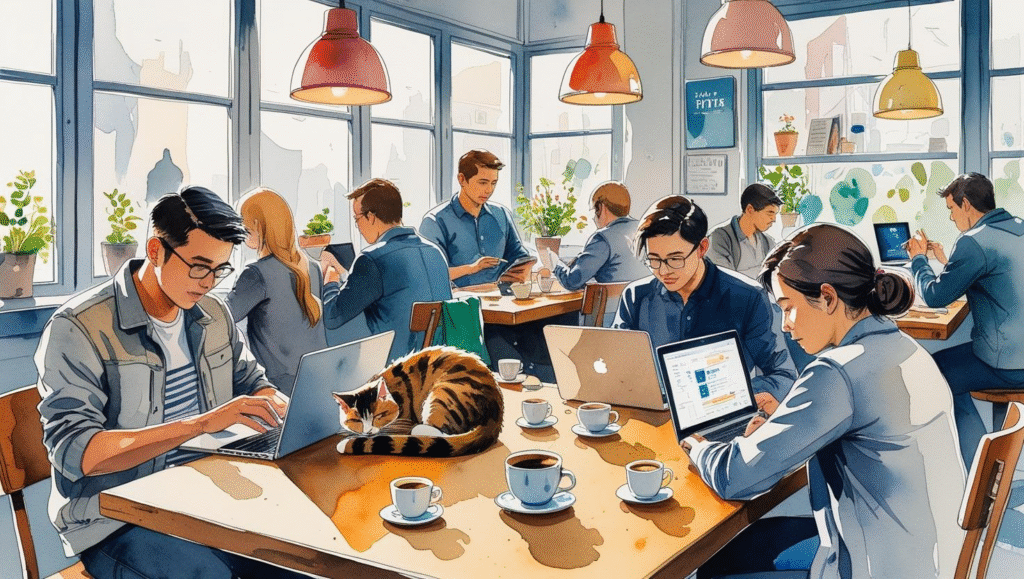 Watercolour illustration of a lively café interior where patrons, each engrossed in their laptops and digital devices, share tables with coffee cups and a sleeping cat, capturing the subtle choreography of contemporary urban life.