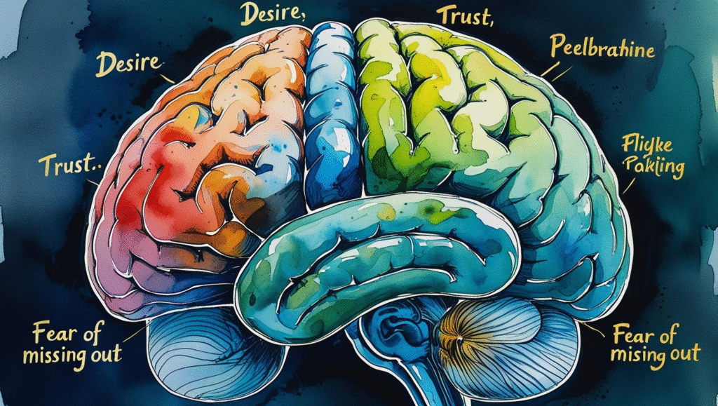 Watercolour illustration of a human brain, segmented in vibrant colours, annotated with handwritten labels such as “Desire,” “Trust,” and “Fear of missing out,” visually mapping the psychological triggers of digital marketing.