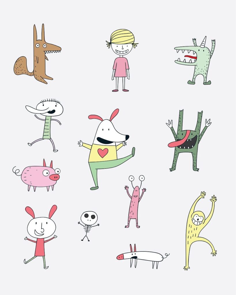 Playful hand-drawn doodles of quirky animals, monsters, and a smiling child, all with exaggerated expressions and whimsical poses on a white background.