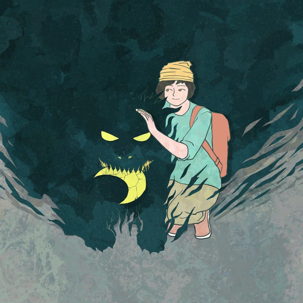 A person with a backpack gently touches the head of a dark shadow monster with glowing eyes and jagged teeth.