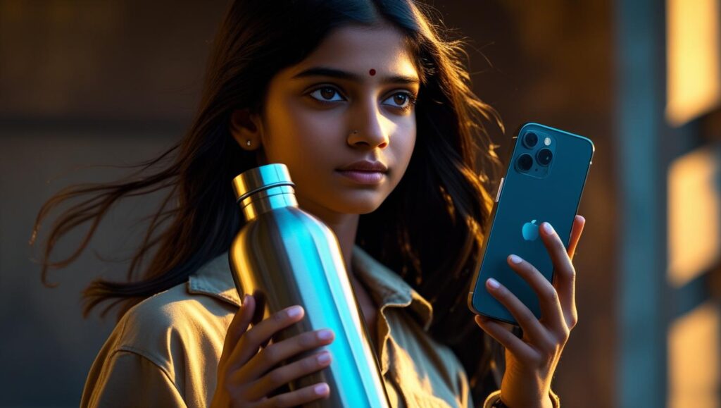 Young woman holding a reusable water bottle and smartphone, representing Gen Z consumer awareness.