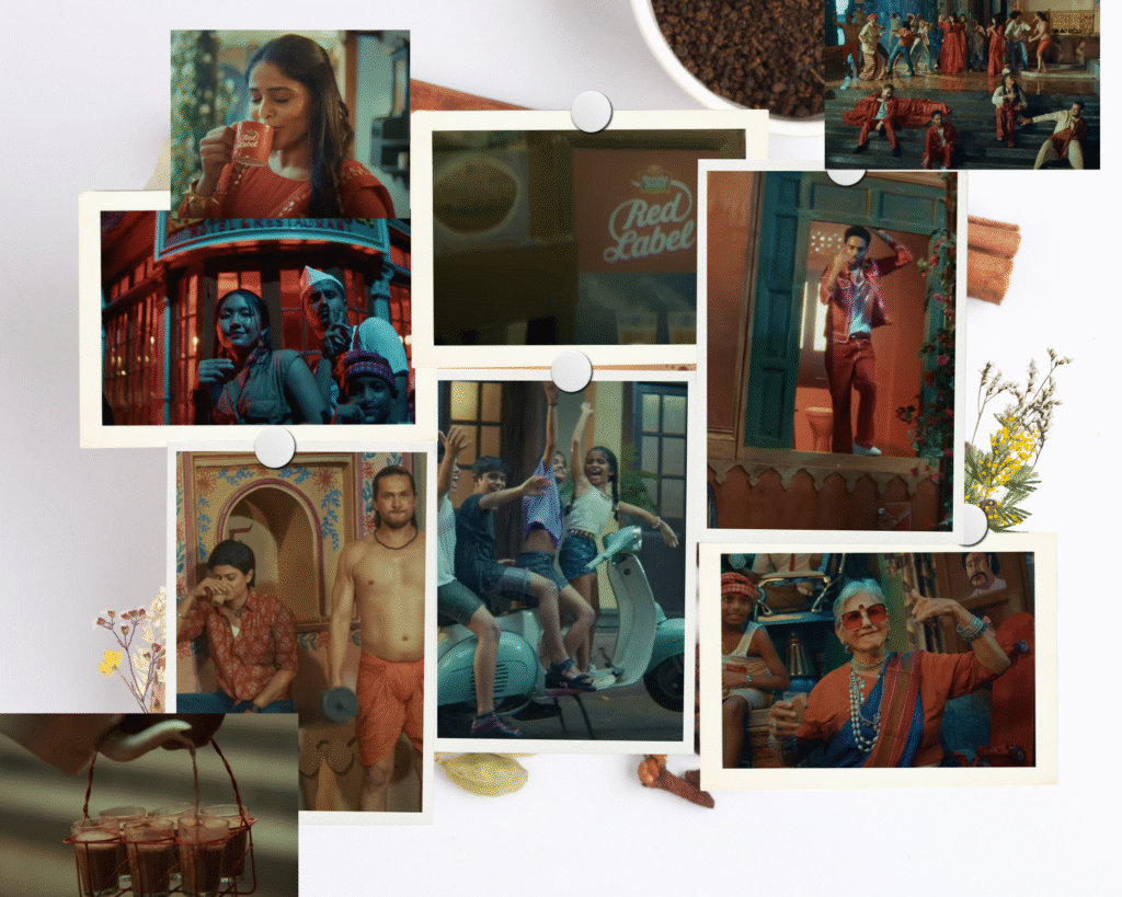 A vibrant collage showcasing scenes from a lively Indian monsoon celebration, featuring people dancing, sharing chai, and enjoying the festive rains with energetic movement and traditional attire.