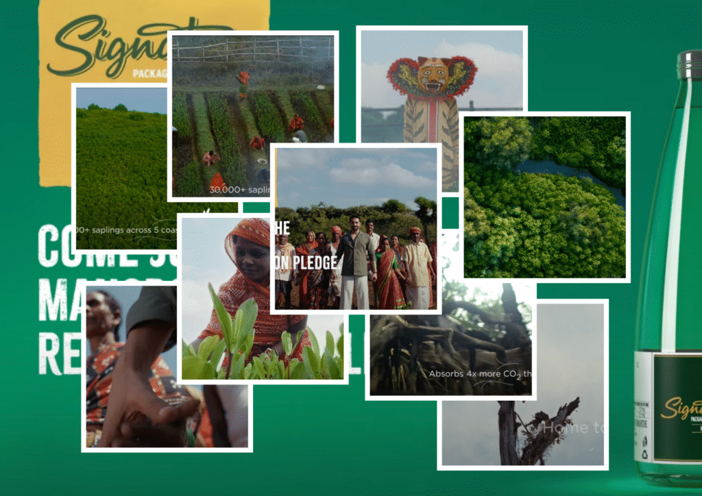 Collage of Signature Mangroves Regeneration Pledge campaign visuals, featuring mangrove forests, local communities, and environmental restoration activities on Odisha’s coast.