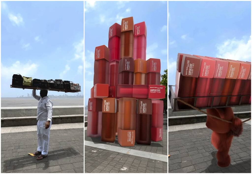 Mumbai dabbawalas carrying virtual stacks of Maybelline Teddy Tint lipsticks in a CGI campaign blending local tradition and global beauty branding.