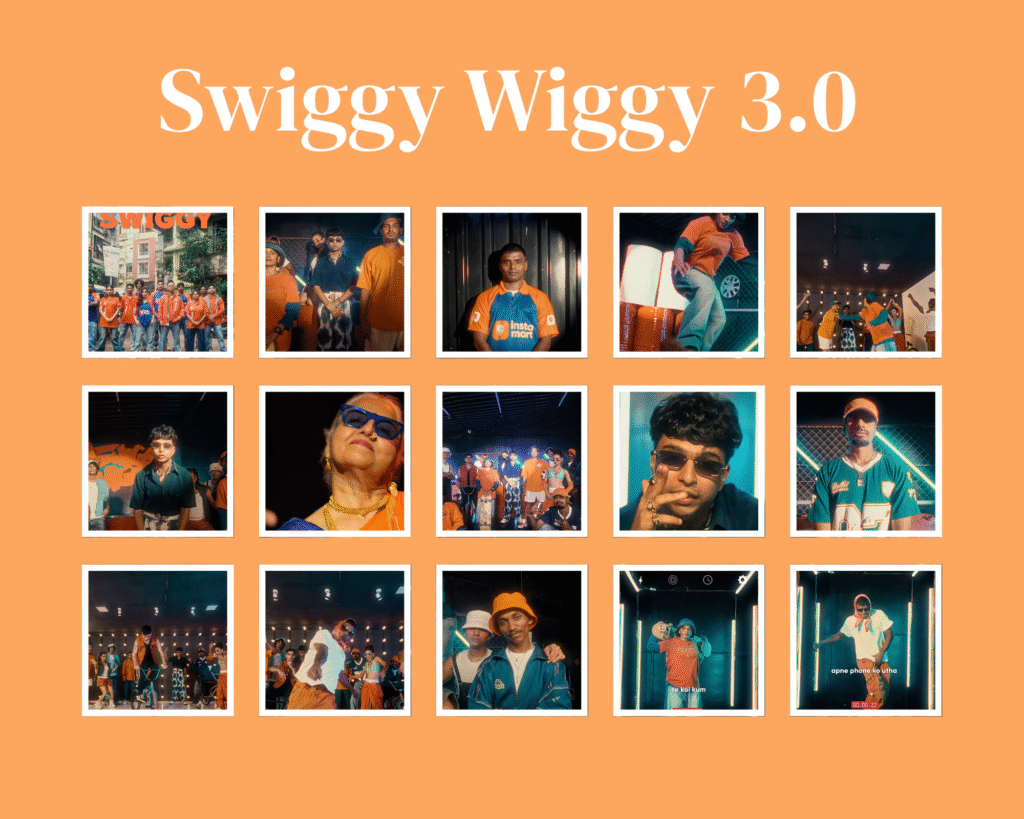 Collage of Swiggy Wiggy 3.0 campaign moments showing delivery partners performing, celebrating, and participating in the platform’s talent showcase, set against an orange background with text 'Swiggy Wiggy 3.0' above.