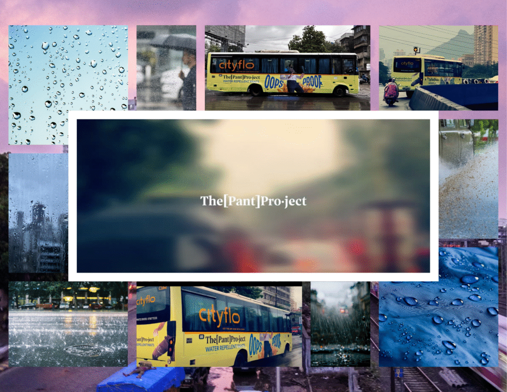 City bus wrapped in 'Oops Proof' water-repellent pants campaign by The Pant Project, Mumbai streets in monsoon.
