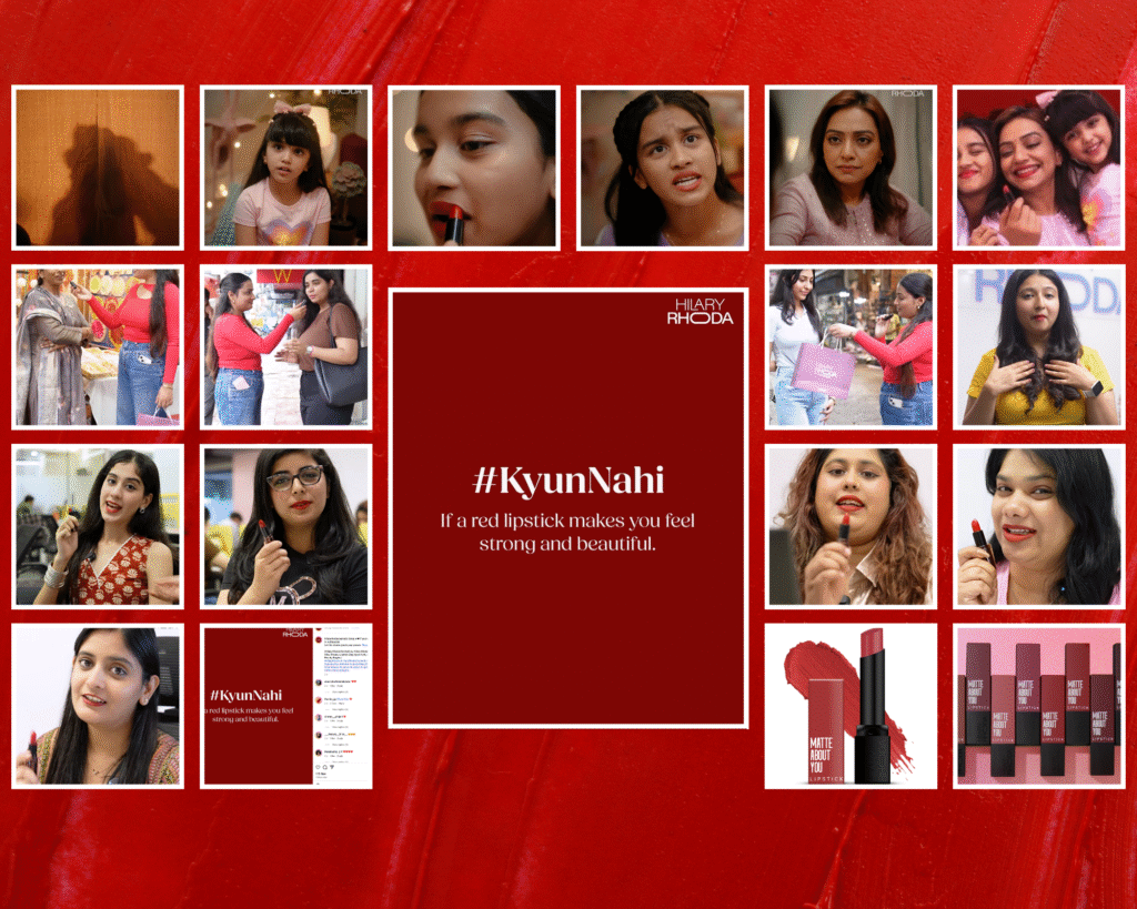 Collage of women expressing themselves with red lipstick for Hilary Rhoda's #KyunNahi campaign, highlighting empowerment and self-expression on Lipstick Day.