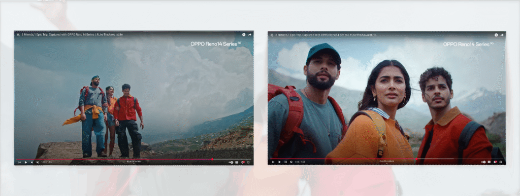 Two trekking friends walking, adjacent to a close-up telephoto portrait shot on Reno14.