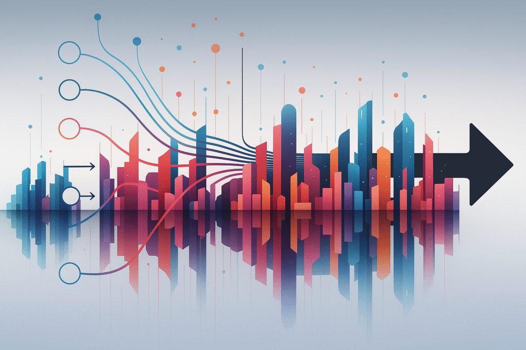 Abstract illustration of data streams converging into a single, unified direction, symbolising efficient data processing and optimisation.