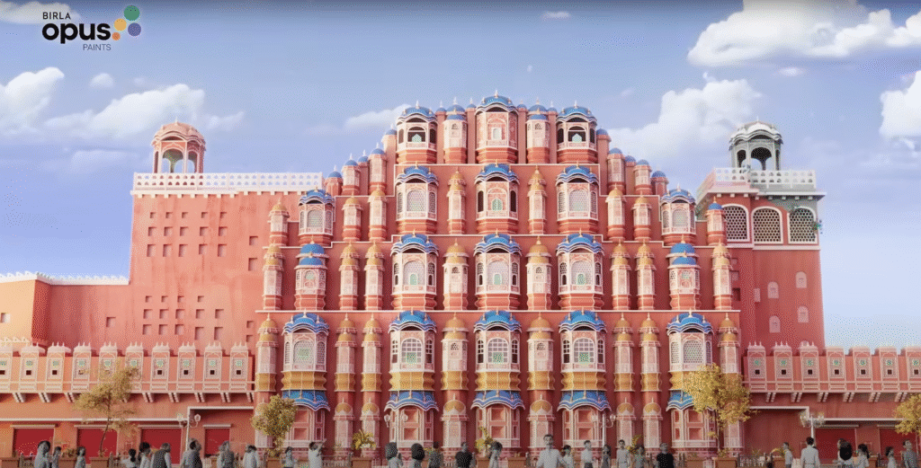 Colorful digital illustration of Jaipur’s Hawa Mahal, vividly painted and animated in a celebratory palette.