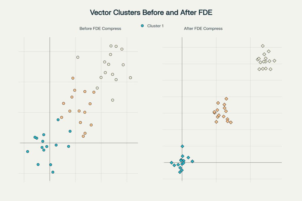 Side-by-side abstract vector spaces showing clusters of document and query vectors before and after FDE compression; right panel shows tighter, more semantically meaningful groupings.
