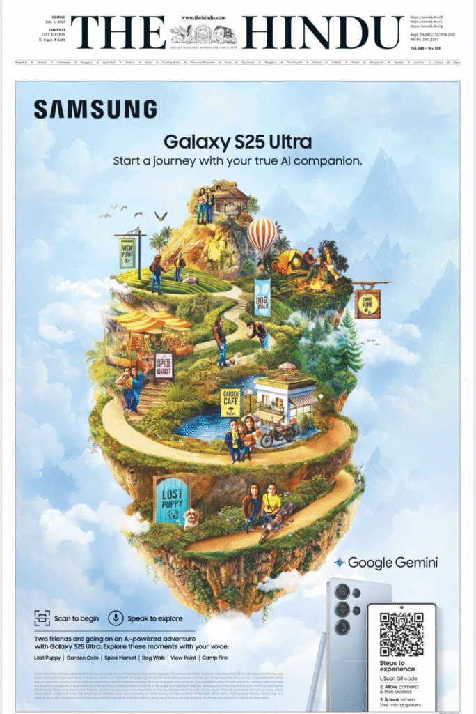A vibrant, floating island scene illustrating six adventuring scenarios — including a spice market, dog walk, garden café, lost puppy, and campfire — featured in a newspaper advert for the Samsung Galaxy S25 Ultra, positioned as an AI-powered companion, with Google Gemini branding.