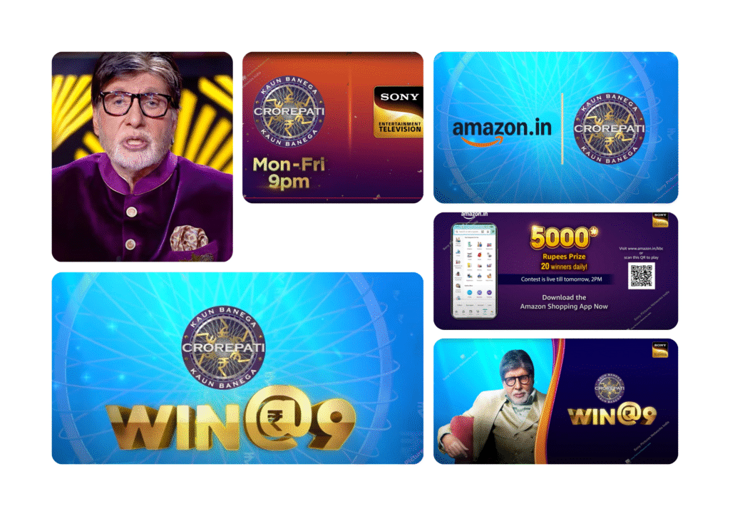 Amazon India celebrity marketing campaign featuring Kaun Banega Crorepati partnership, KBC logo, Win@9 contest details, and prize information, highlighting the game show collaboration and promotional messaging strategy