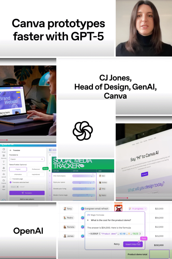 Screenshot compilation from Canva's GPT-5 testimonial video showing CJ Jones speaking alongside multiple Canva interface elements including translation tools, social media tracker, design workspace, and Magic Formulas feature demonstrating natural language to formula conversion