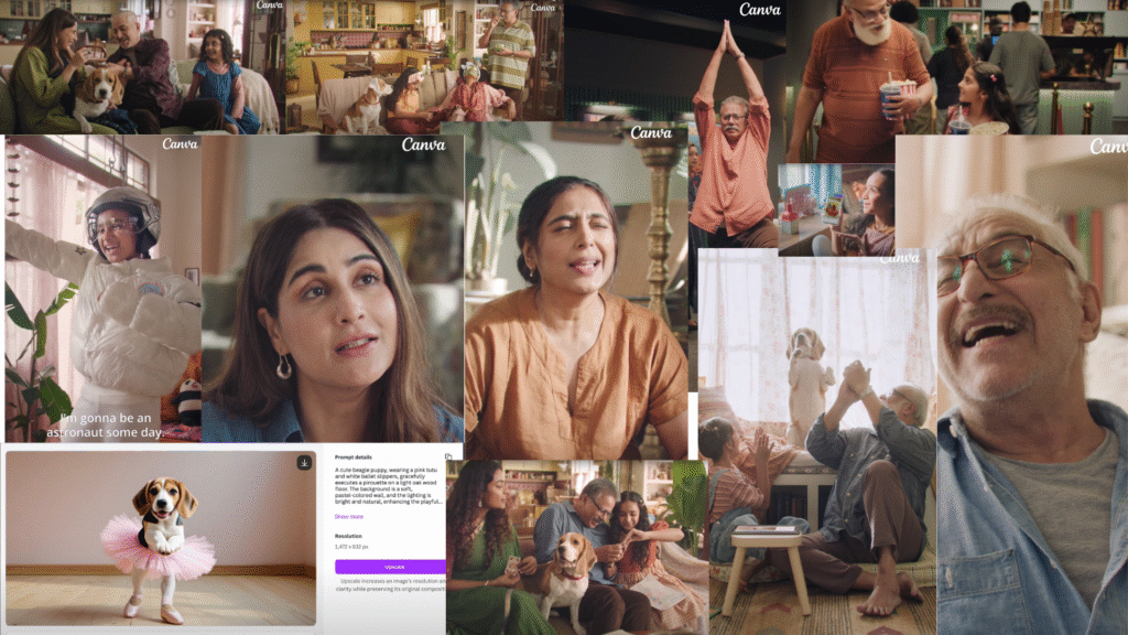 Canva India Dil Se Design Tak campaign montage featuring Dalip Tahil as grandfather magician with family members across multiple advertisement scenes showcasing AI design tools and emotional storytelling
