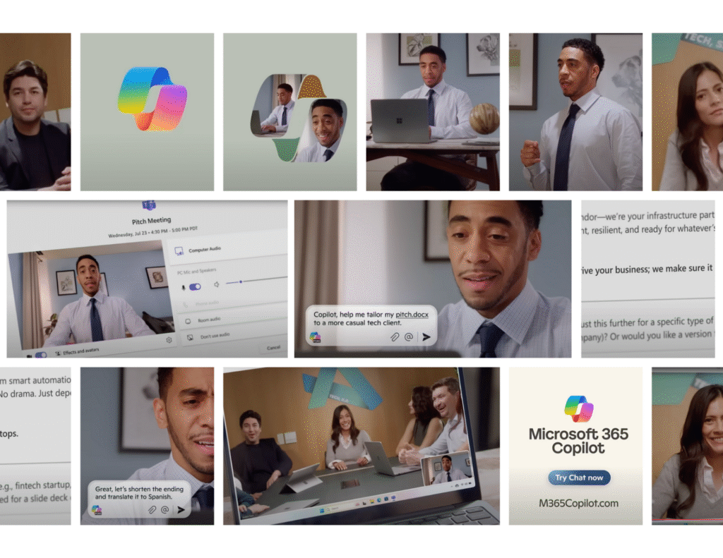 Alt text: "Microsoft 365 Copilot Chat interface screenshots showing AI assistant helping with presentation tone adjustment and Spanish translation in professional workplace settings