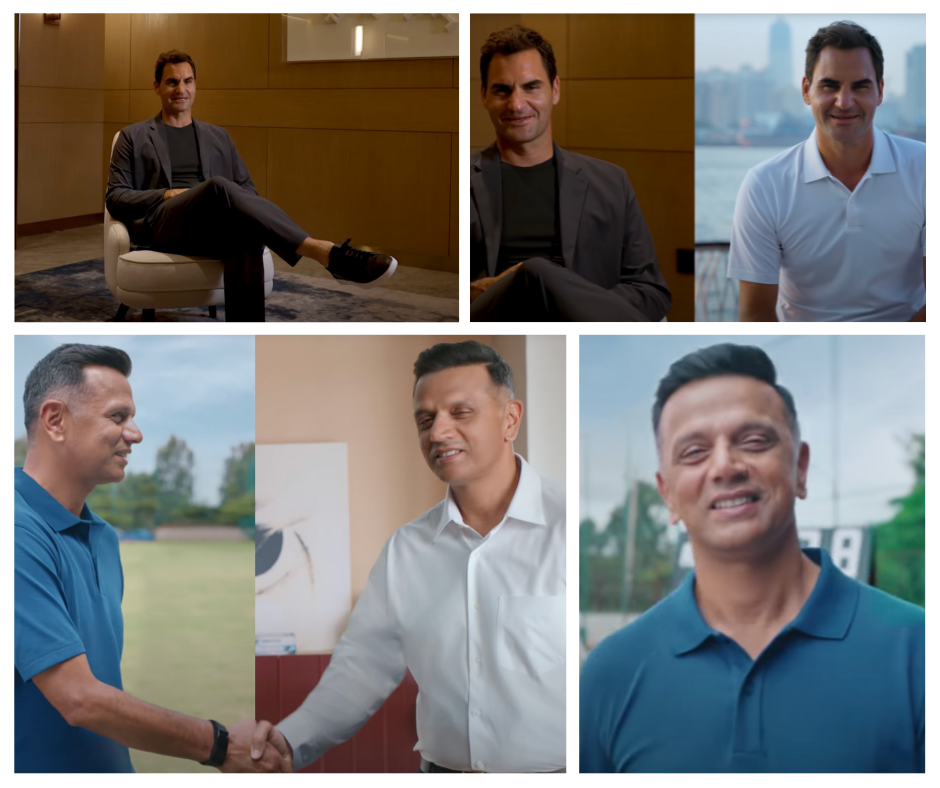 A collage of five panels featuring two distinct men in various settings—one seated stylishly in an elegant room dressed in a dark suit, the other in a crisp blue polo and white shirt, depicted in casual and more formal situations, including a handshake and an outdoor sports field, highlighting contrasting moods and contemporary fashion.