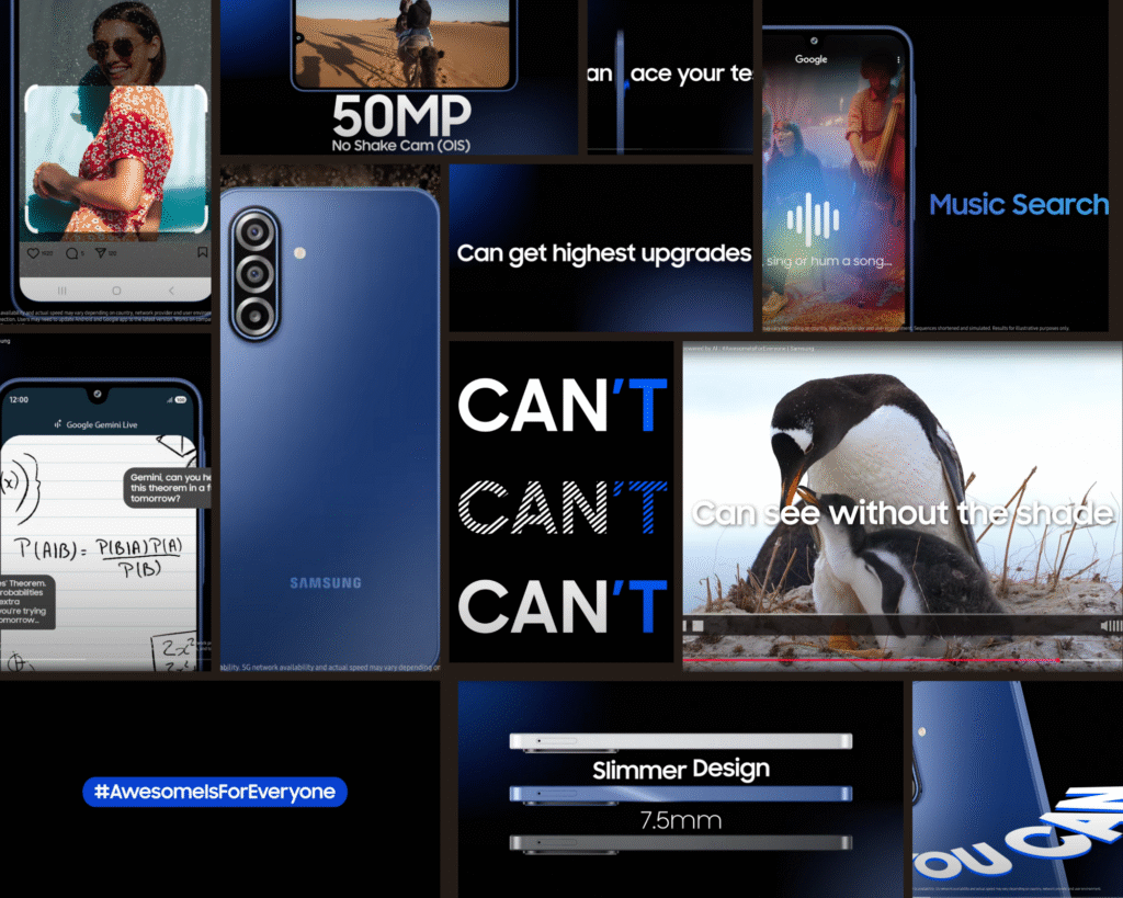 Galaxy A17 5G campaign collage showing AI features: 50 MP OIS camera, Google Gemini Live solving equations, music search interface, ‘CAN’T’ to ‘CAN’ transformation text, slimmer 7.5 mm design, and #AwesomeIsForEveryone branding