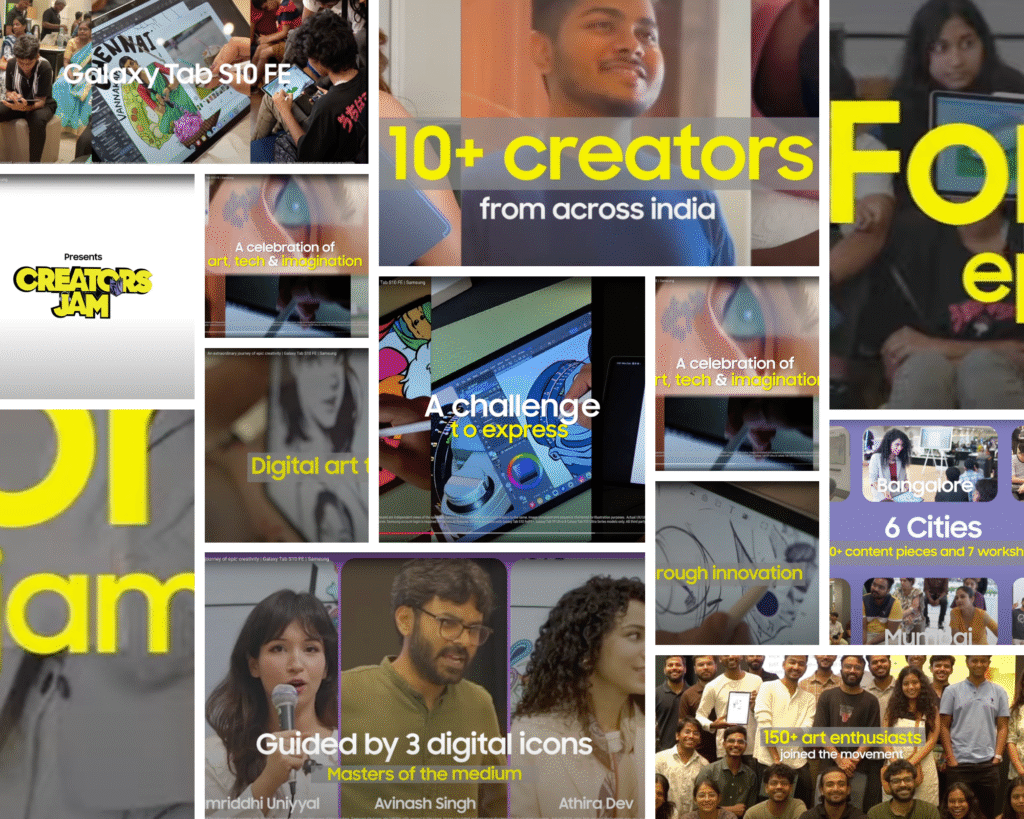 Samsung Galaxy Tab S10 FE Creators Jam montage showing real Indian digital artists at work: Mriddhi Uniyaal, Avinash Singh, and Athira Dev creating artwork, with statistics showing 10+ creators from across India, 6 cities, and 150+ art enthusiasts participating in the creative community initiative