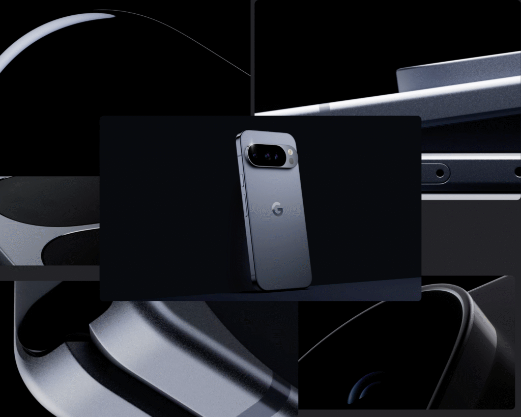 Alt: Google Pixel 10 smartphone in silver finish displayed on geometric black platform with dramatic lighting and architectural elements
