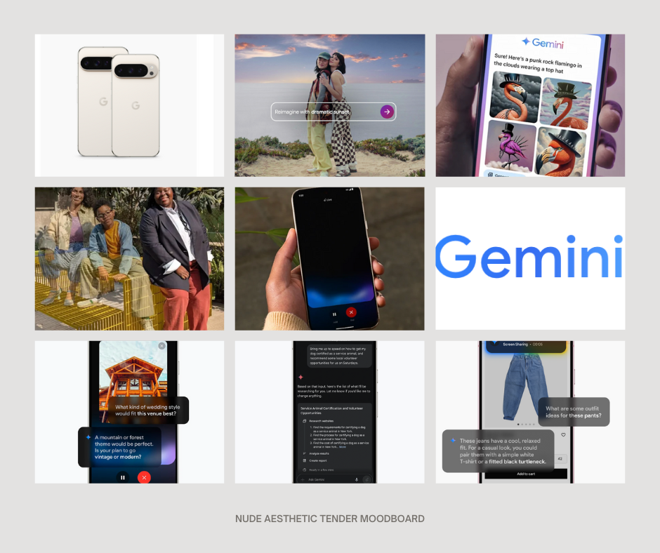 Google Pixel marketing moodboard showing diverse lifestyle scenarios, AI interface designs, and Gemini assistant capabilities in authentic daily contexts