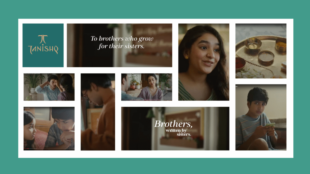 Collage of family and sibling moments from Tanishq’s Raksha Bandhan ad campaign, with jewellery, rakhis, and household rituals.
