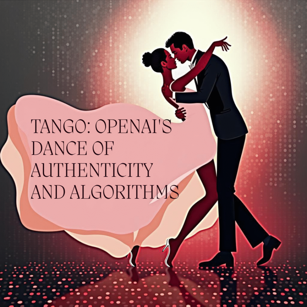 Elegant tango dancers in silhouette against warm gradient background with floating particles, representing the delicate dance between authenticity and algorithms in corporate marketing