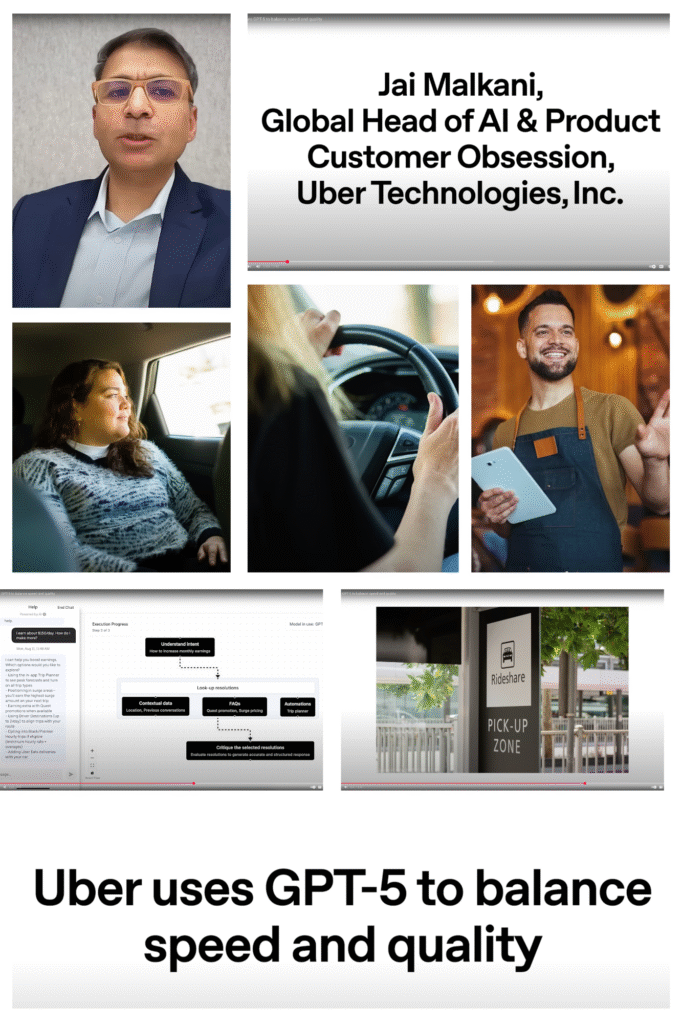 Screenshot compilation from Uber's GPT-5 testimonial video showing Jai Malkani speaking alongside diverse Uber ecosystem images including passenger, driver, delivery partner, operational dashboard, and pickup zone, illustrating scale-based messaging approach